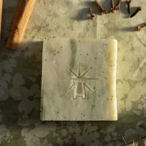 Flat-lay of Black Altar Wild Conjuring soap—pale green bar with poppy seeds—placed on green patterned cloth with cinnamon sticks, cloves, and a dried eucalyptus stem.