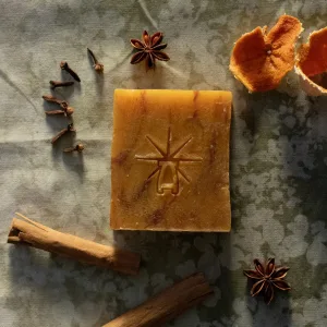 Flat-lay of Black Altar Ritual Ember soap with cloves, star anise, cinnamon sticks, and dried orange peel on mottled green fabric.