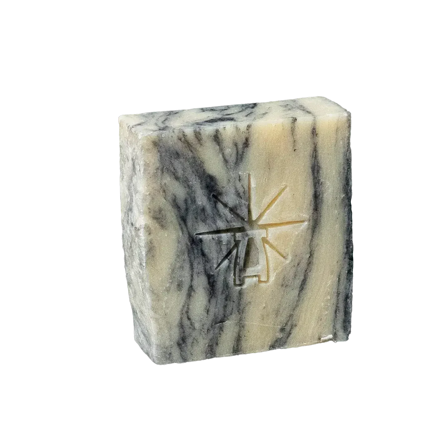 Black Altar Sacred Marble Bar — cream and charcoal swirled soap stamped with the star-altar logo. charcoal-clay-balance-cleansing-bar