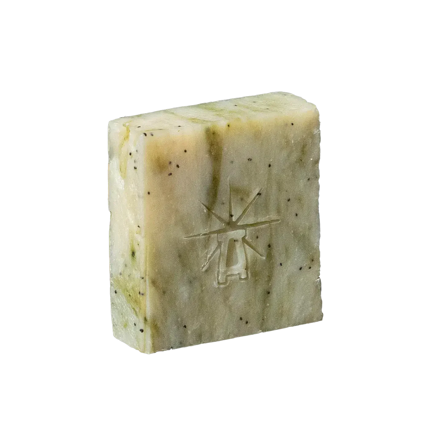 Black Altar Wild Conjuring Bar — pale sage soap flecked with dark poppy seeds, star-altar logo embossed.