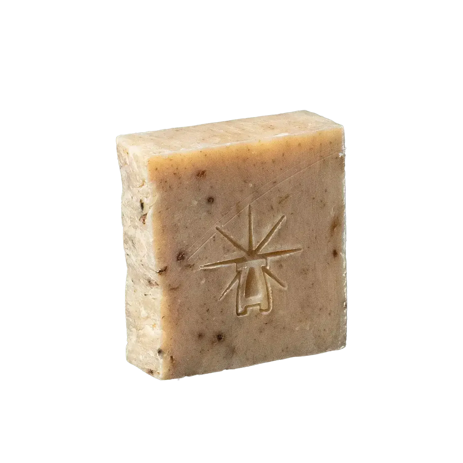 Black Altar Witch Bloom Bar — warm beige botanical soap dotted with herb fragments, star-altar logo stamped. lavender-sage soothing exfoliating bar