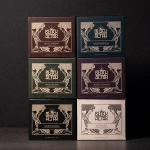 The front of the kit stands stacked one tin two rows of three. Showing the beautiful packaging color variety.