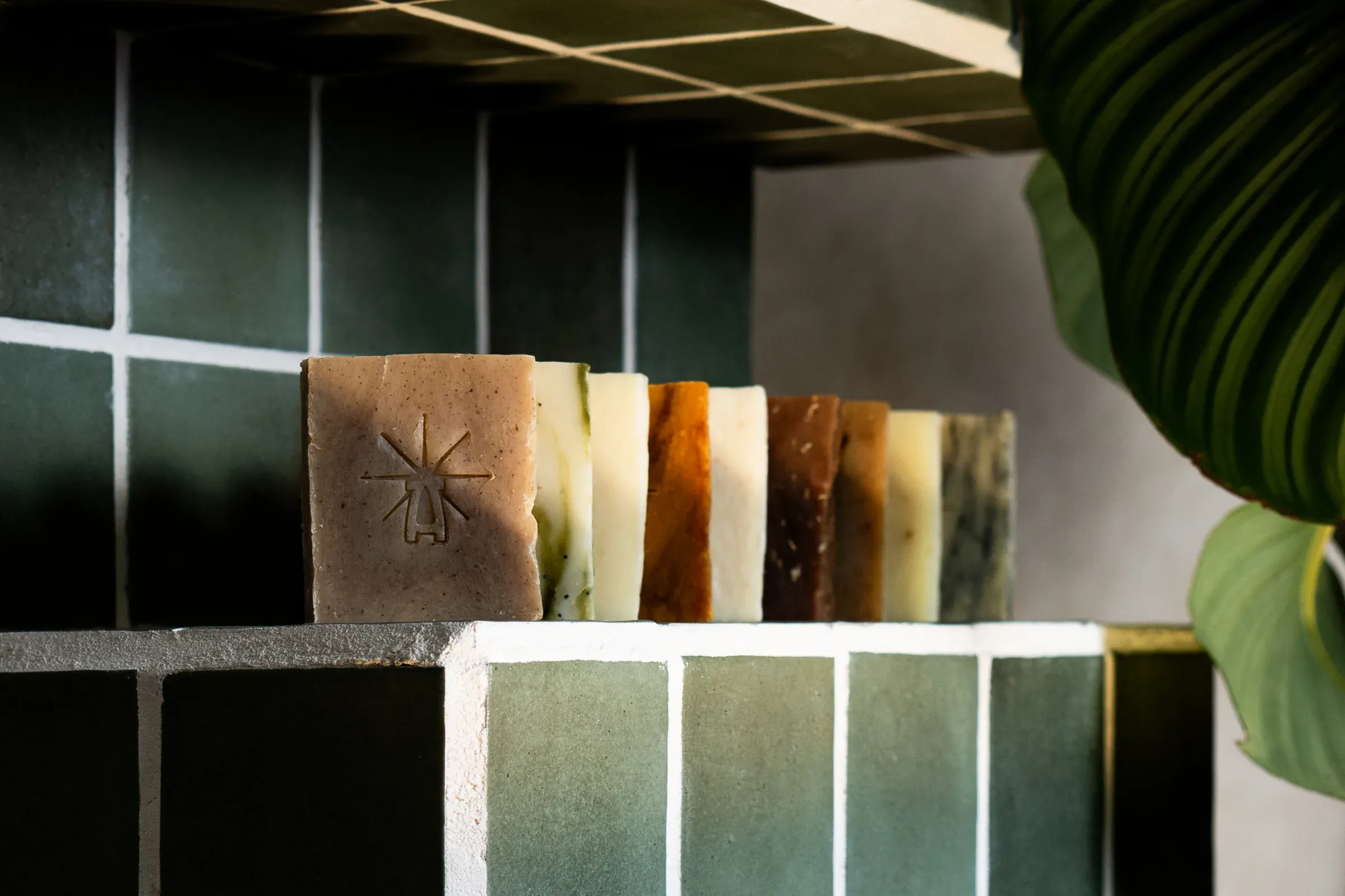 Shadowed lineup of Black Altar natural soap bars in earthy tones on tile