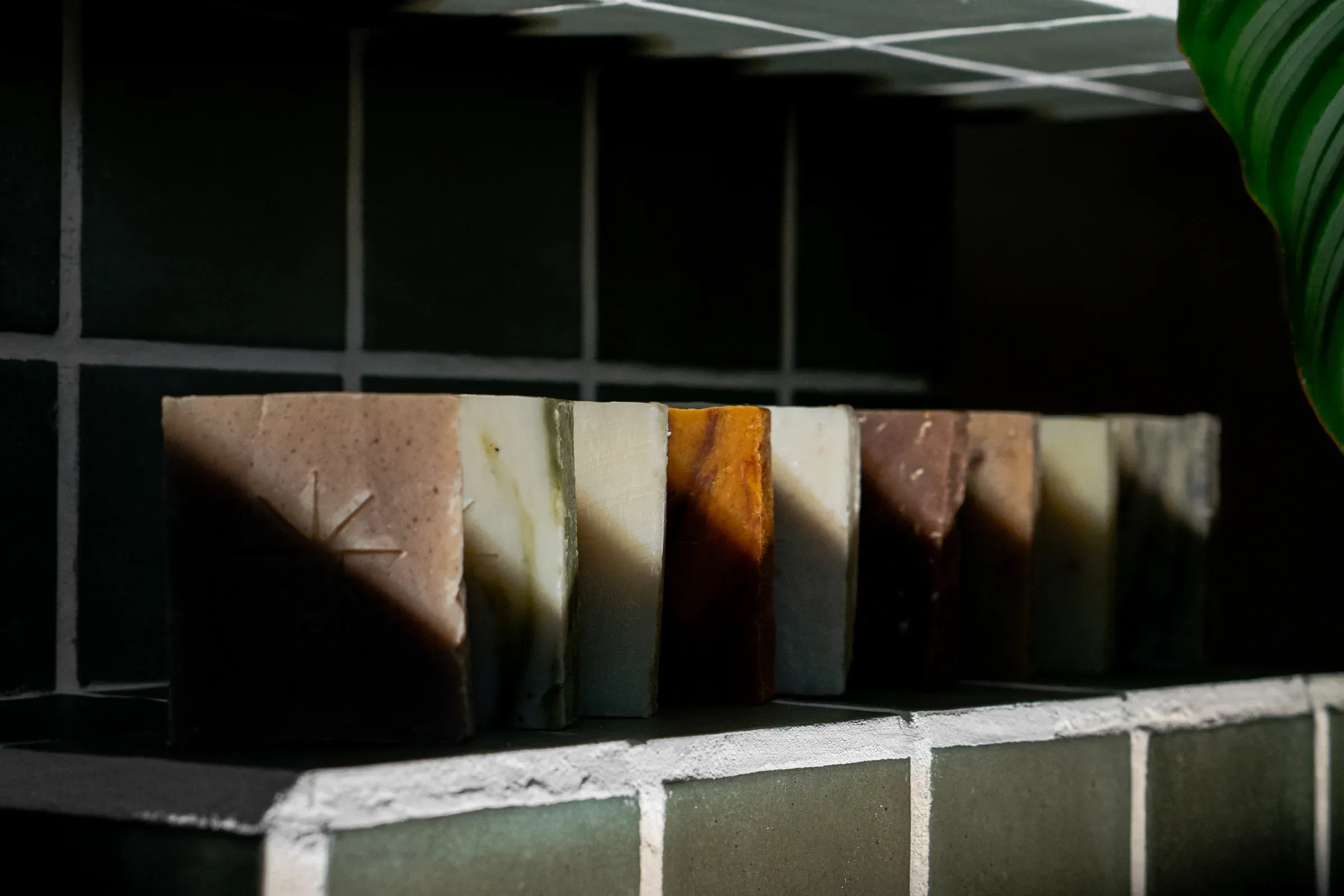 Moody row of Black Altar handmade soap bars in cream, green, amber, and brown