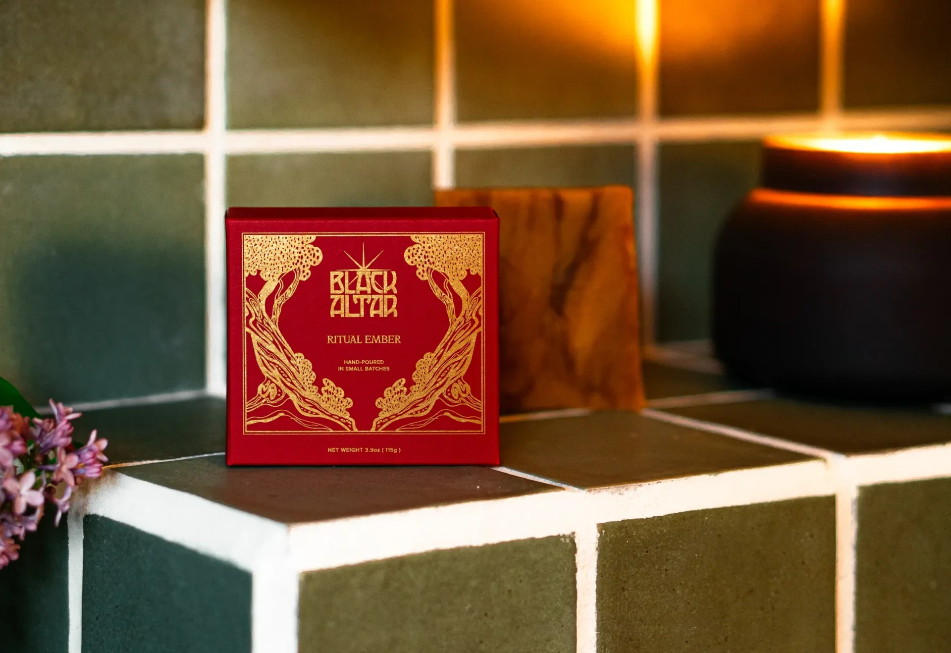 Black Altar Ritual Ember boxed soap with amber bar and black candle