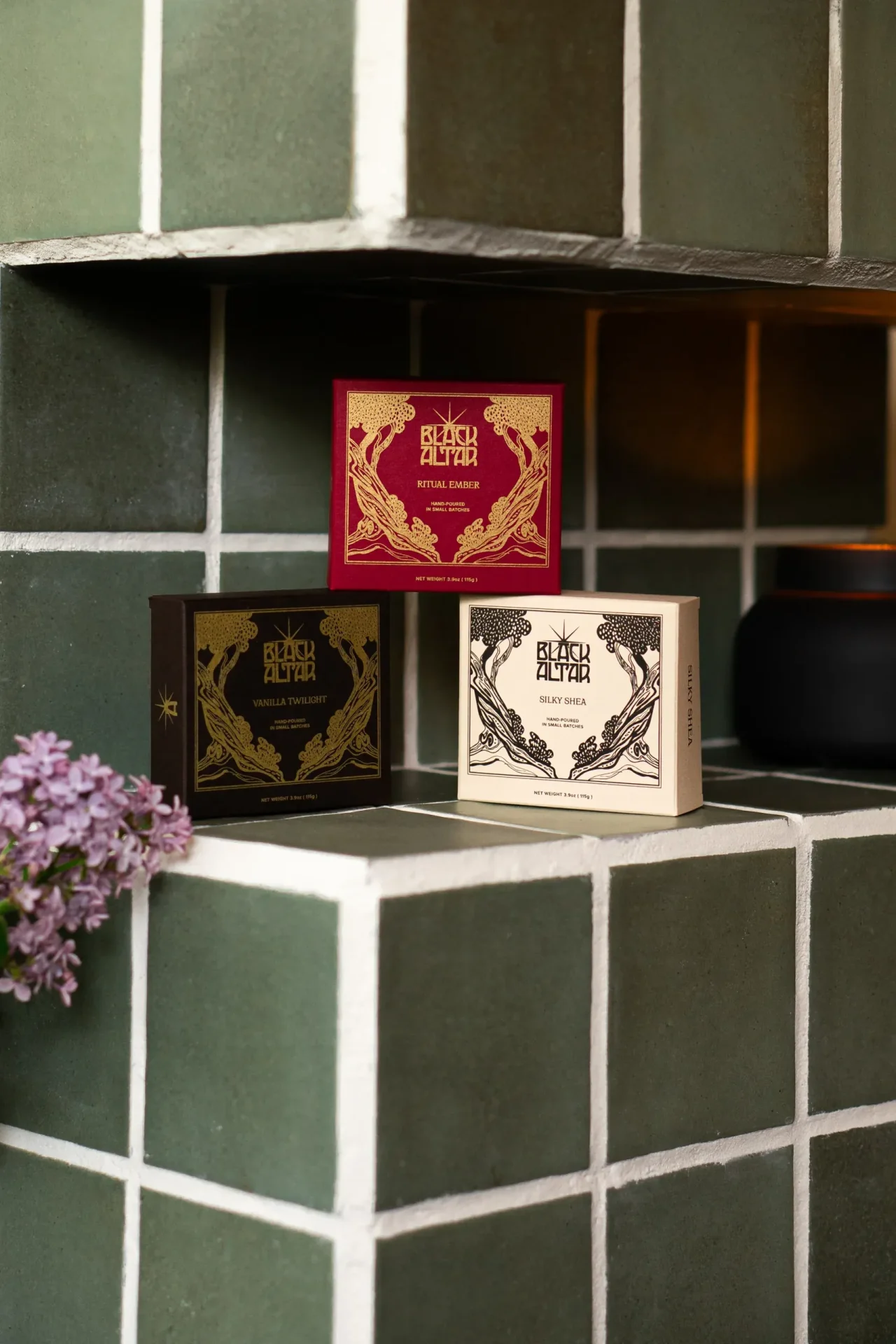 Black Altar boxed soap trio in Ritual Ember red, cream, and black gold packaging
