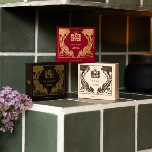 Black Altar boxed soap trio in Ritual Ember red, cream, and black gold packaging
