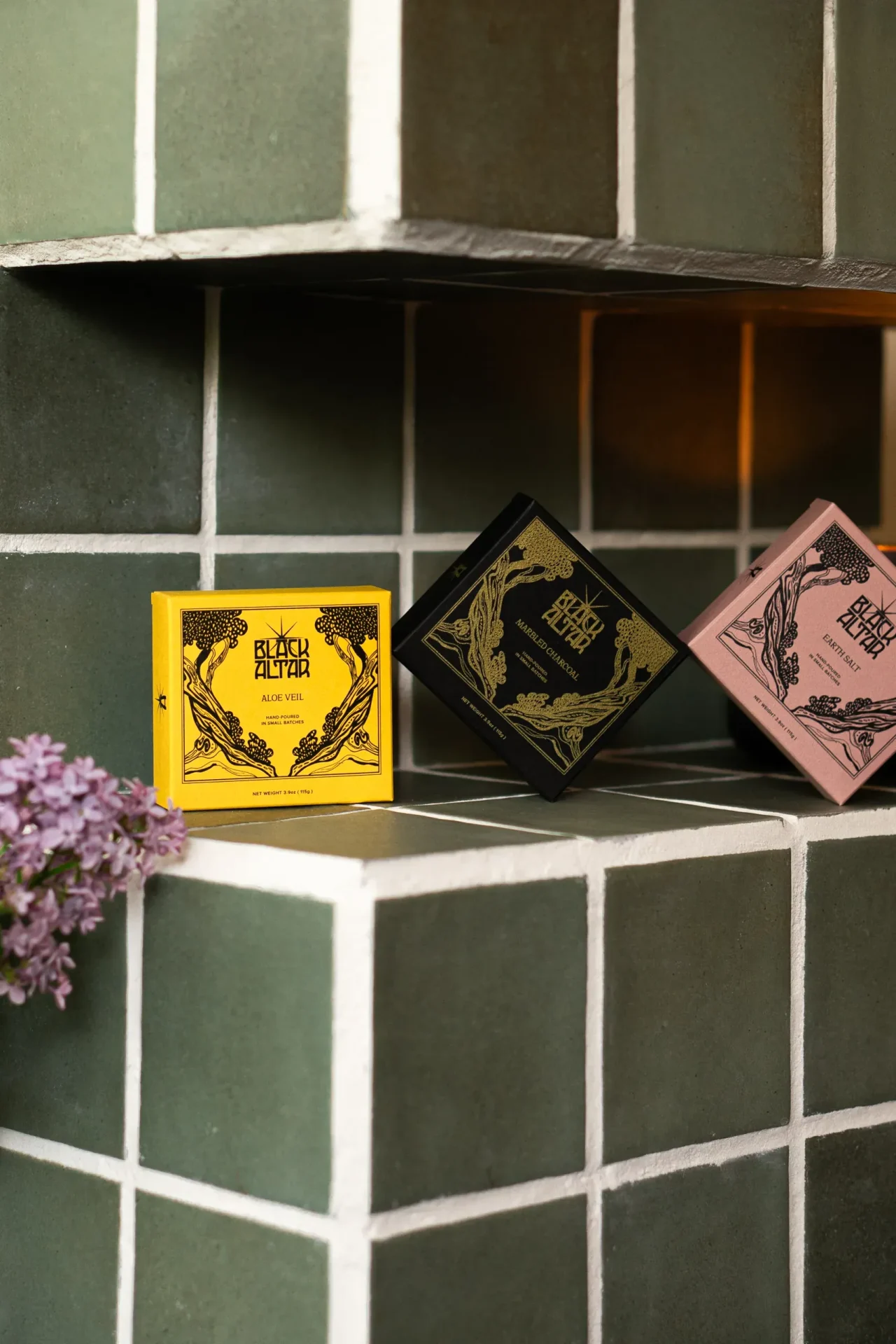 Black Altar boxed soap trio in yellow, black gold, and pink packaging