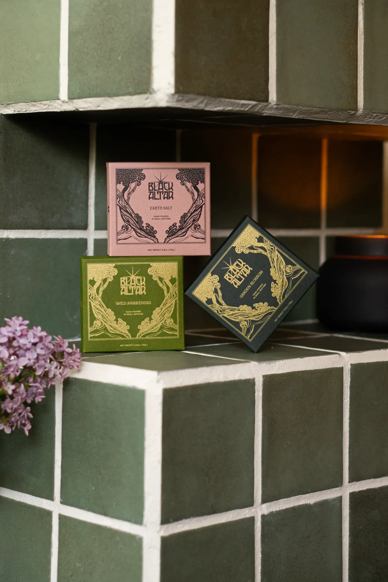 Angled Black Altar soap box trio in pink, green, and black gold