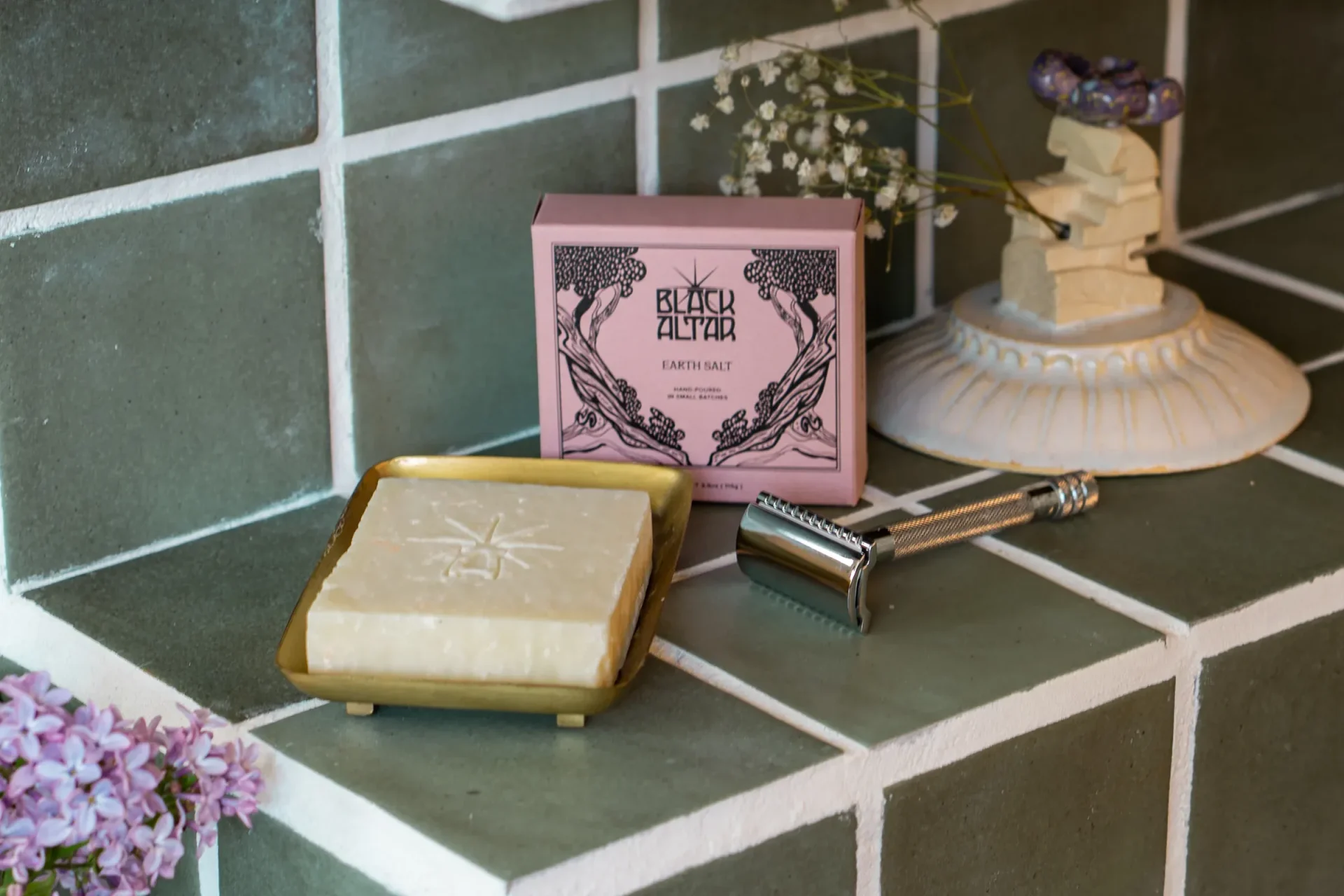 Black Altar pink boxed soap with pale handmade bar on a brass tray