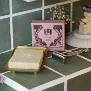 Black Altar pink boxed soap with pale handmade bar on a brass tray