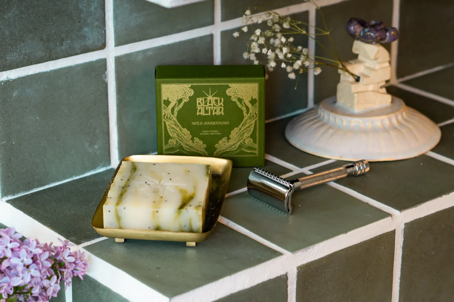 Black Altar green boxed soap with green marbled bar on a brass tray