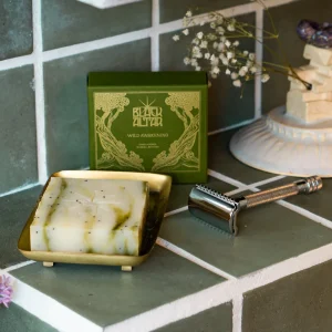 Black Altar green boxed soap with green marbled bar on a brass tray