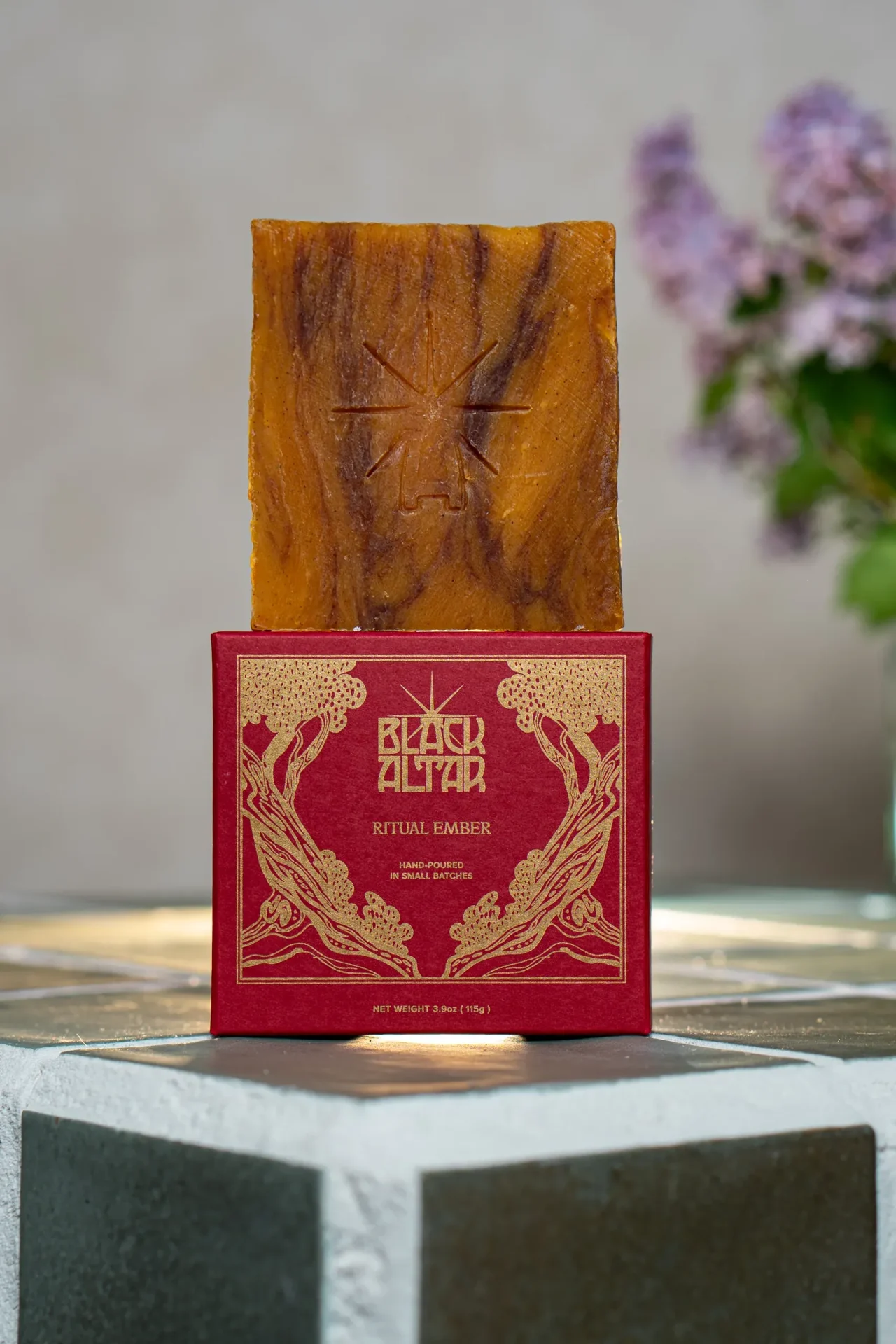 Black Altar Ritual Ember red box with amber orange soap bar behind