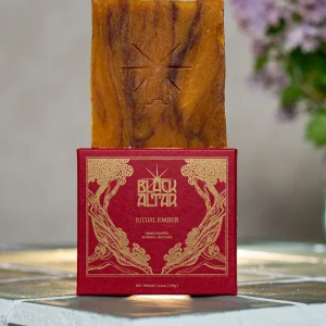 Black Altar Ritual Ember red box with amber orange soap bar behind