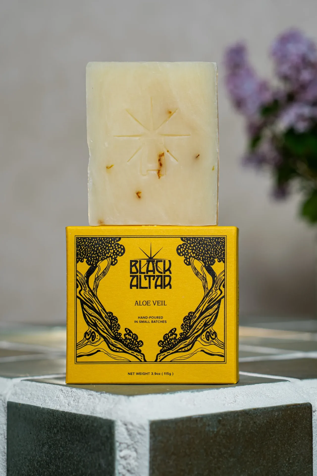 Black Altar yellow boxed soap with creamy bar and subtle golden flecks