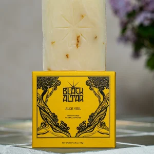 Black Altar yellow boxed soap with creamy bar and subtle golden flecks