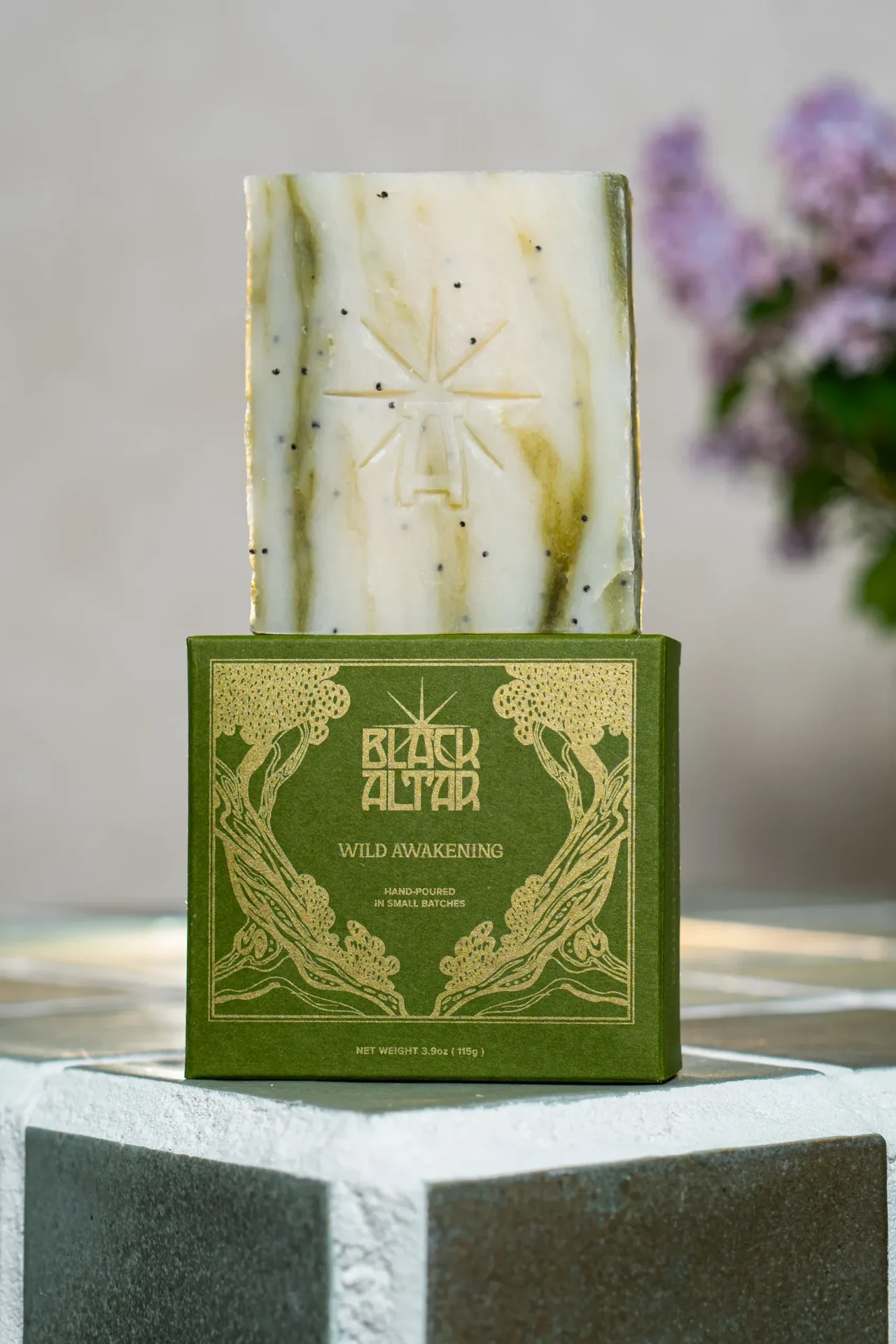 Black Altar green boxed soap with green and white marbled bar behind
