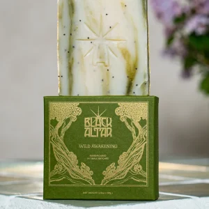 Black Altar green boxed soap with green and white marbled bar behind