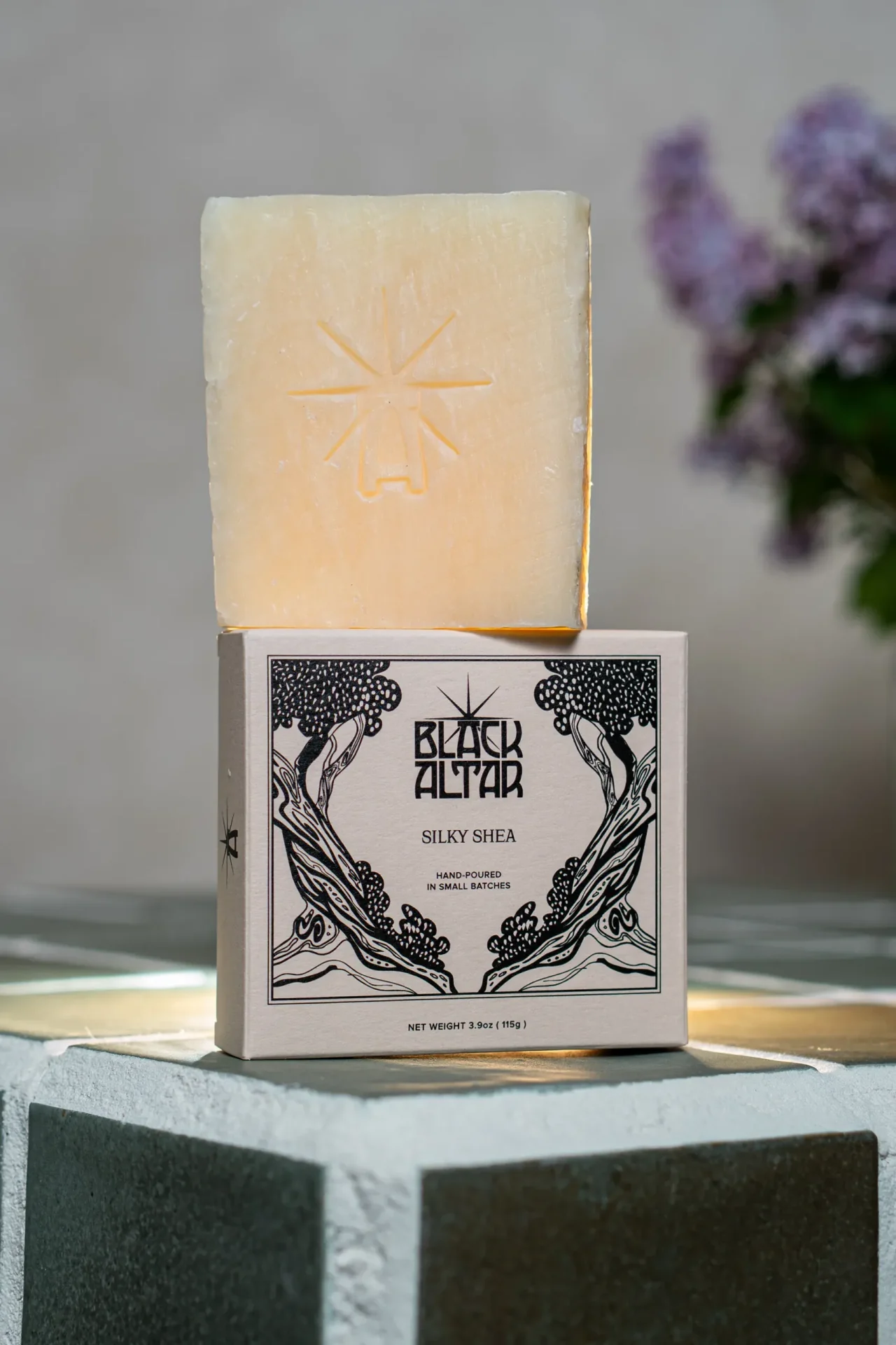 Black Altar Silky Shea cream boxed soap with plain pale bar behind