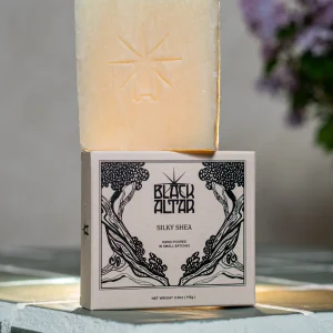 Black Altar Silky Shea cream boxed soap with plain pale bar behind