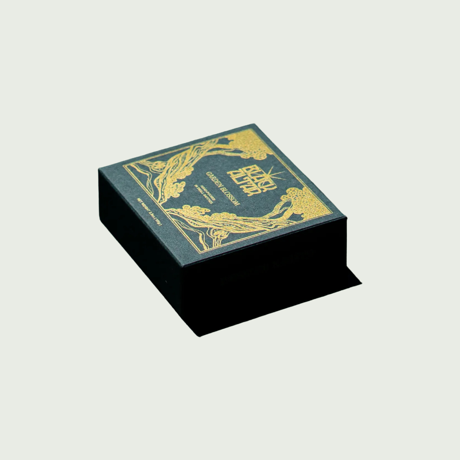 Black Altar Garden Blossom natural soap box in teal green ornate packaging