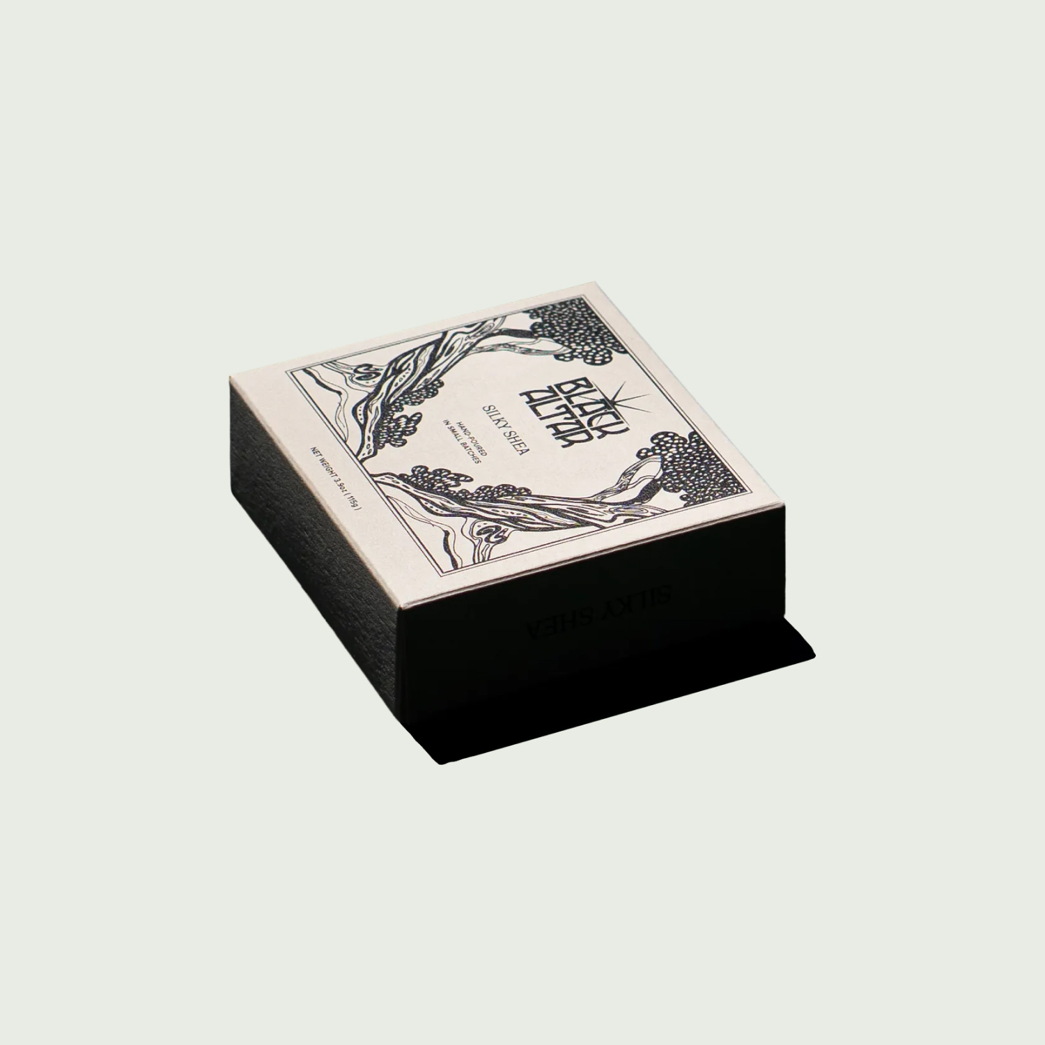 Black Altar Silky Shea natural soap box in cream and black packaging