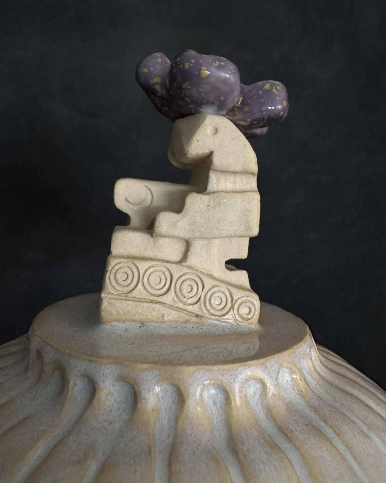 Alien rider handle, raw unglazed stoneware, front view